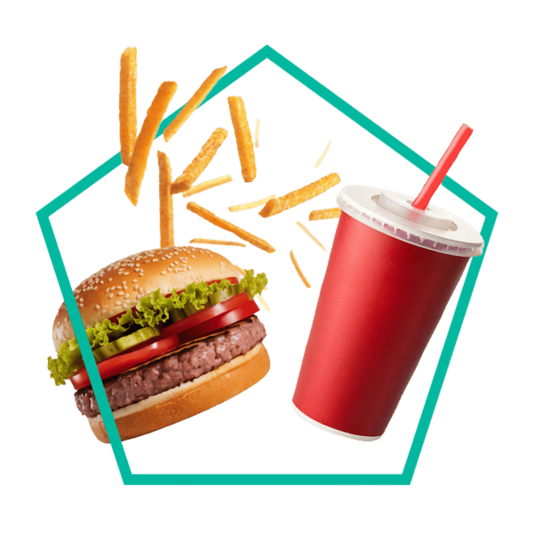 Burger, french fries and a soda floating in a home icon