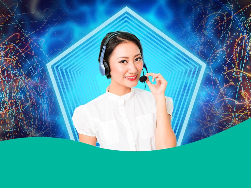 Customer service representative on a headset phone, with a chaotic background